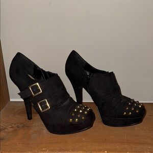 G by Guess Black and Gold Heeled Booties with Buckles